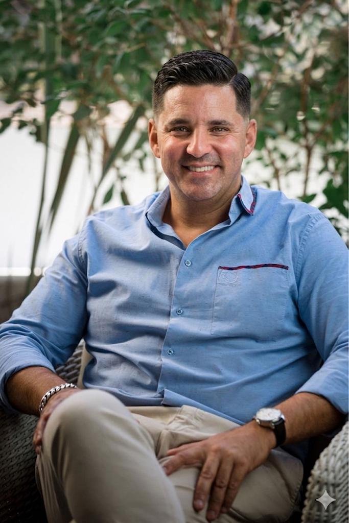 Man with dark hair wearing a light blue button-up shirt and khaki pants sitting outside with greenery in the background.