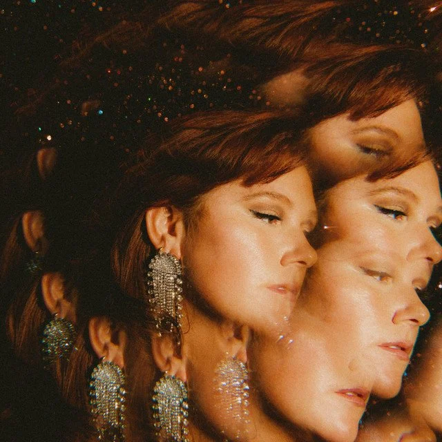 Multiple overlapping images of Suzanne Sheer with brown hair and earrings, creating a layered, kaleidoscope effect.