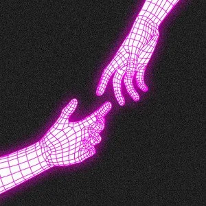 Digital illustration of two neon purple wireframe hands touching fingers against a black background