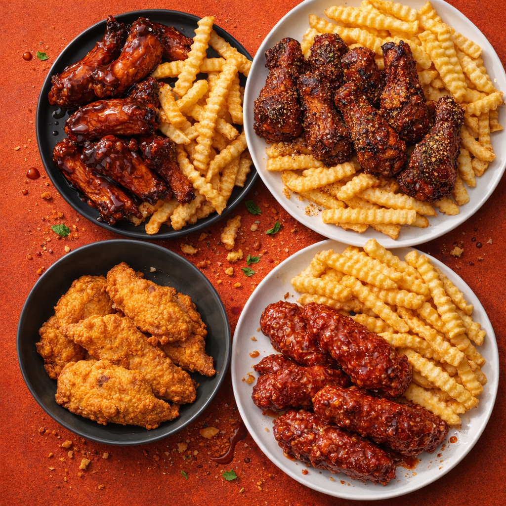 Four plates of American-style chicken wings and fries on a red surface. The plates display different flavors of chicken wings, with crispy fried chicken on some.