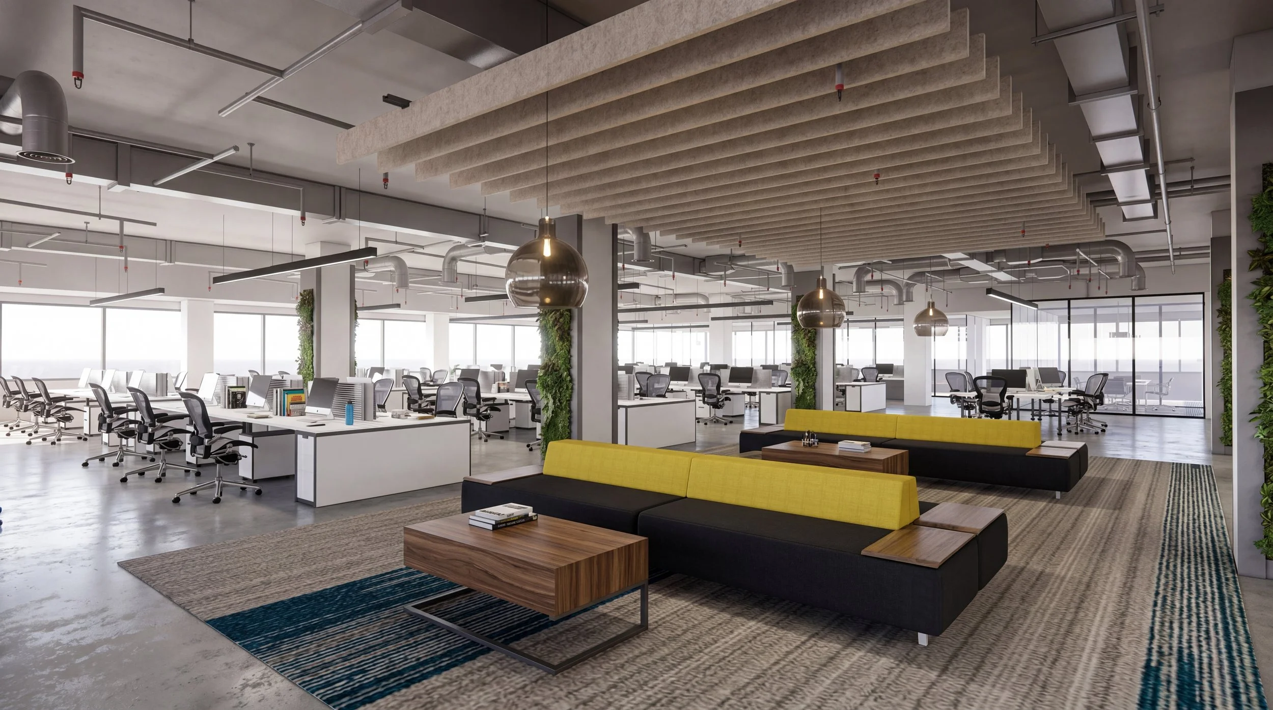 Modern open-plan office with rows of desks and ergonomic chairs, a seating area with yellow and black couches, large windows, and a decorative ceiling with acoustic panels and pendant lights.