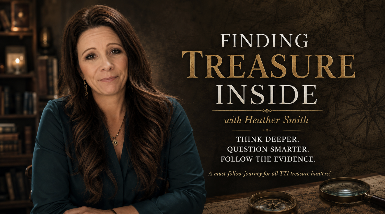 Heather Smith sitting at a table with a bookshelf and lit candle in the background, promoting a podcast called "Finding Treasure Inside" with the tagline "Think Deeper. Question Smarter. Follow the Evidence."