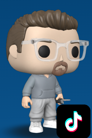 A Funko Pop! figure of a barber with brown hair, glasses, a beard, wearing a gray hoodie, matching sweatpants, and white sneakers, holding a pair of barber's shears.  There's a TikTok logo in the bottom right corner.