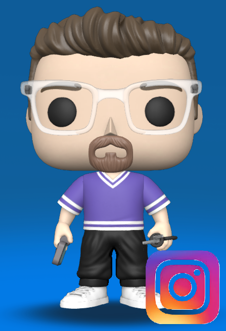 A stylized cartoon figurine of a man with brown hair and beard, wearing white glasses, a purple shirt, black pants, and white shoes, holding a gun in each hand, with an Instagram logo in the bottom right corner.