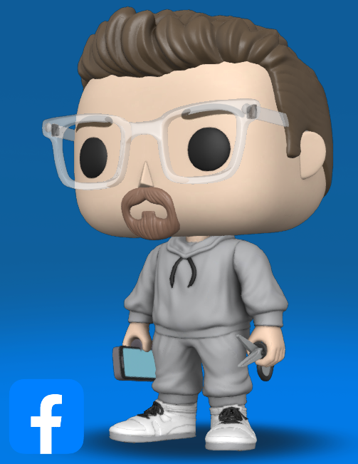 A Funko Pop! figure of a barber with brown hair, glasses, a beard, wearing a gray hoodie, matching sweatpants, and white sneakers, holding a smartphone and a pair of barber's shears.  There's a Facebook logo in the bottom left corner.