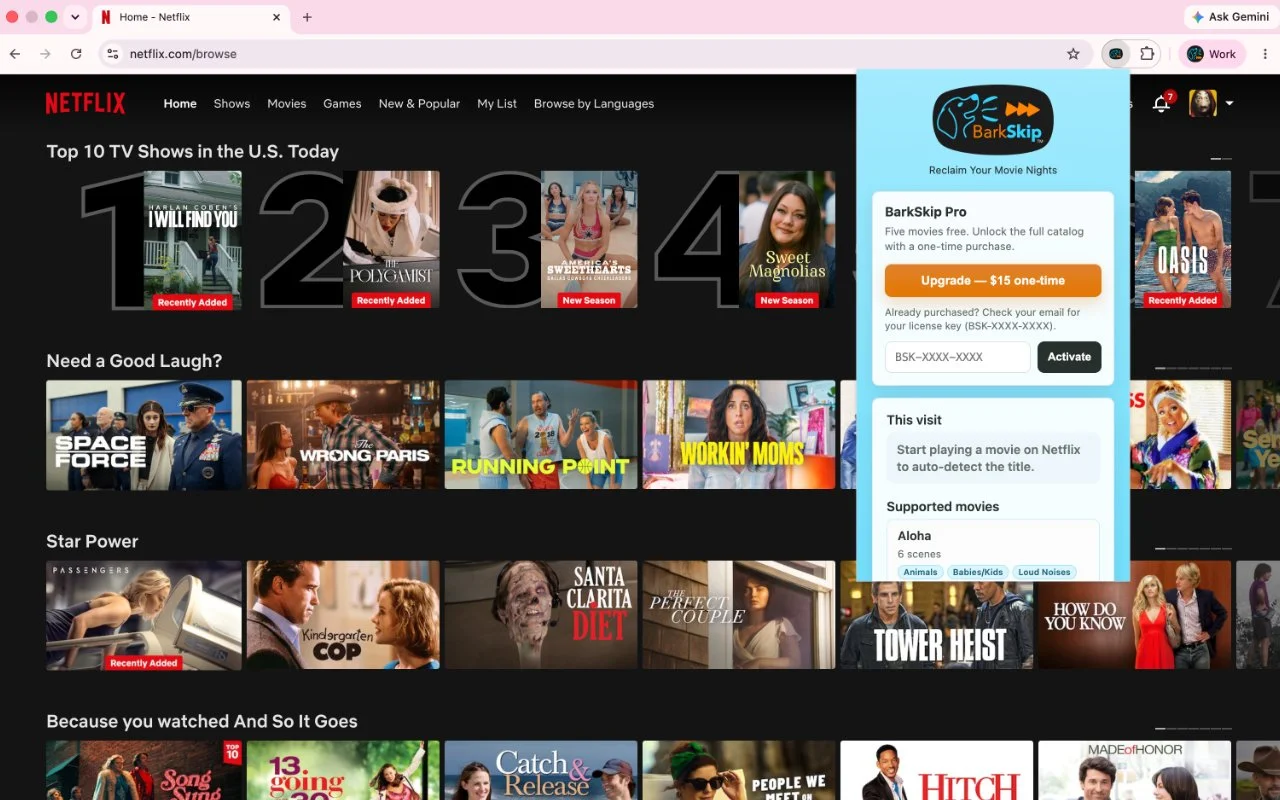 BarkSkip Chrome extension menu on Netflix top half