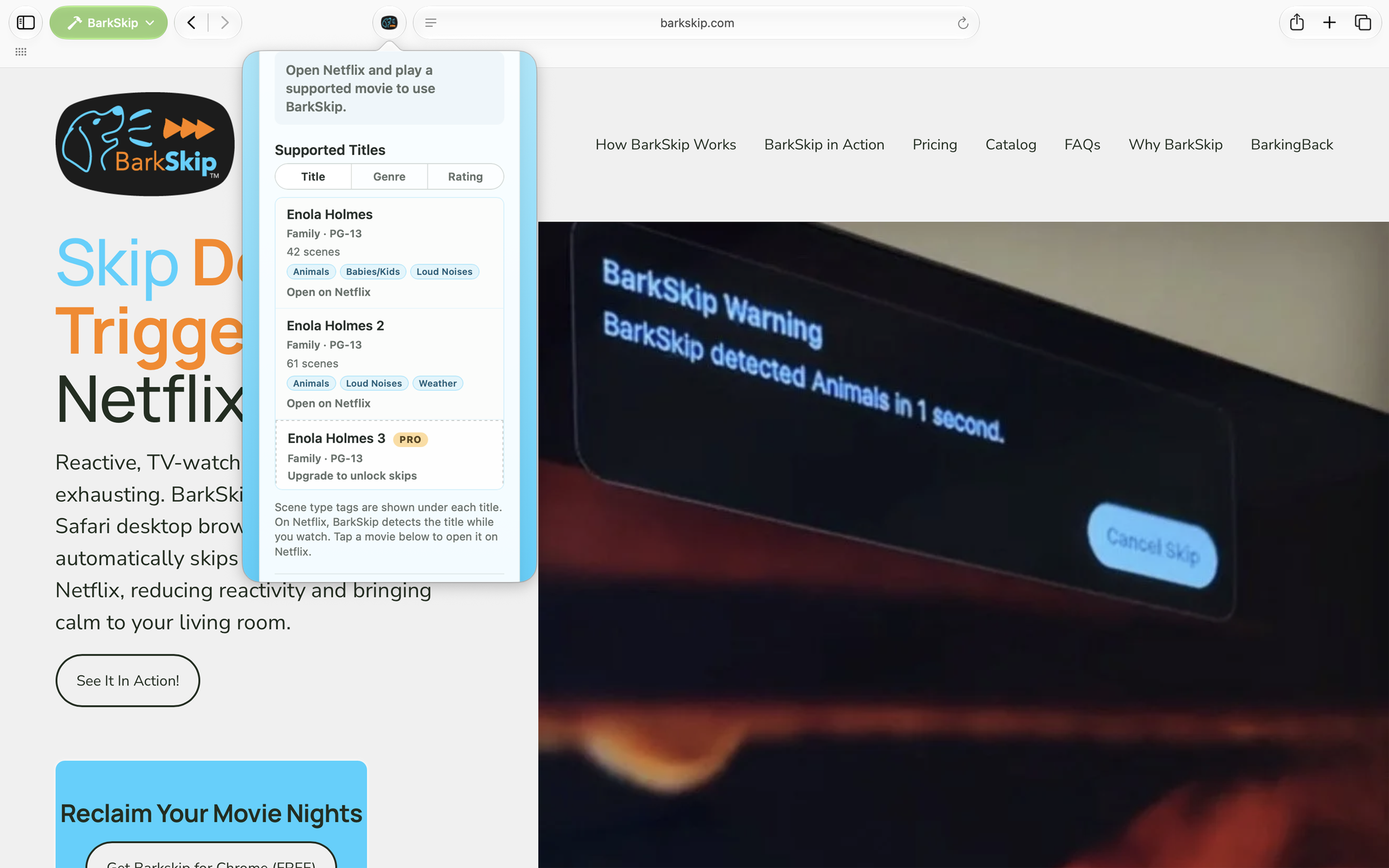 BarkSkip menu supported titles displayed on Safari