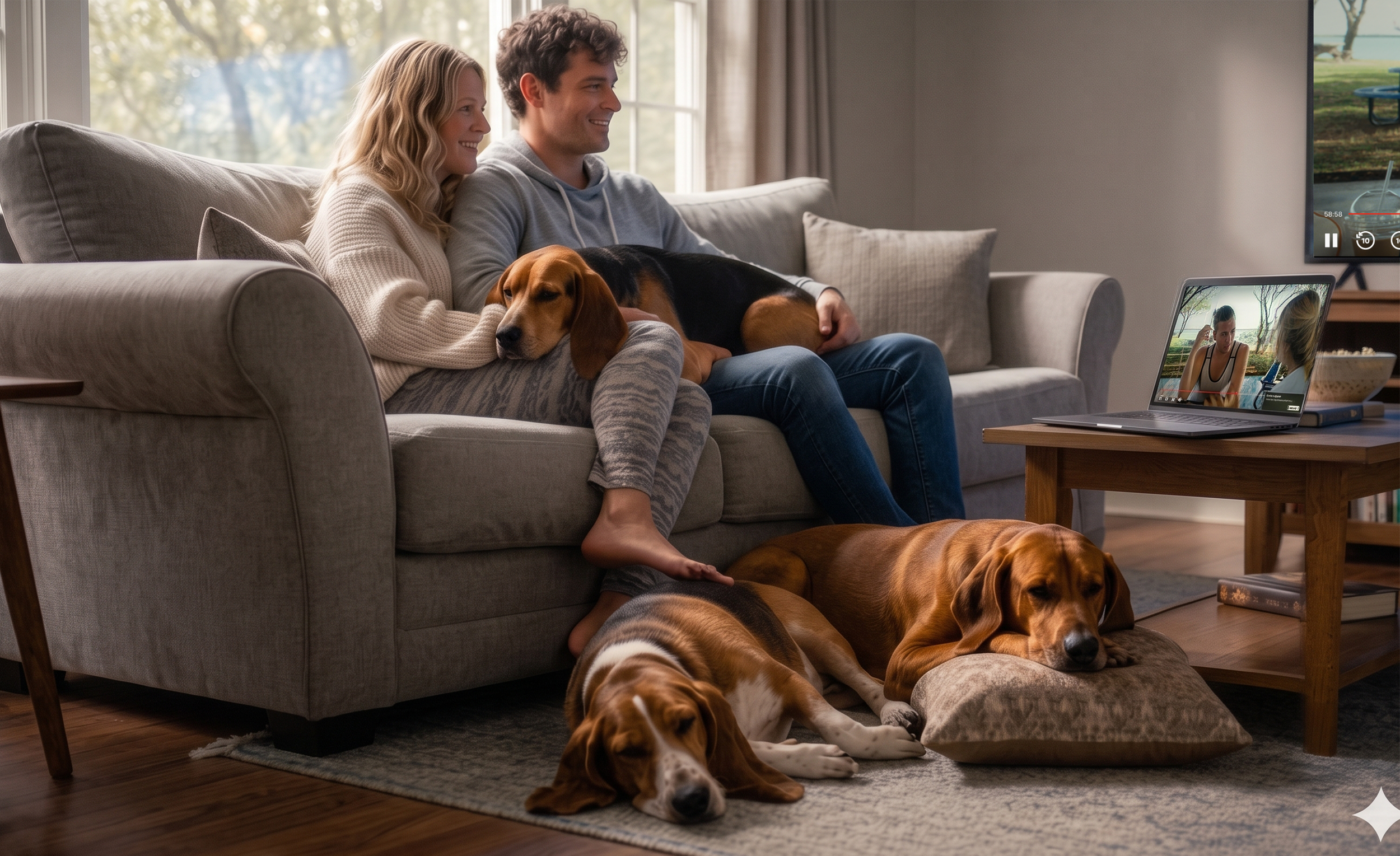 A couple sitting on their sofa with hounds sleeping around them, watching a movie using BarkSkip. This image was generate by Google Gemini.