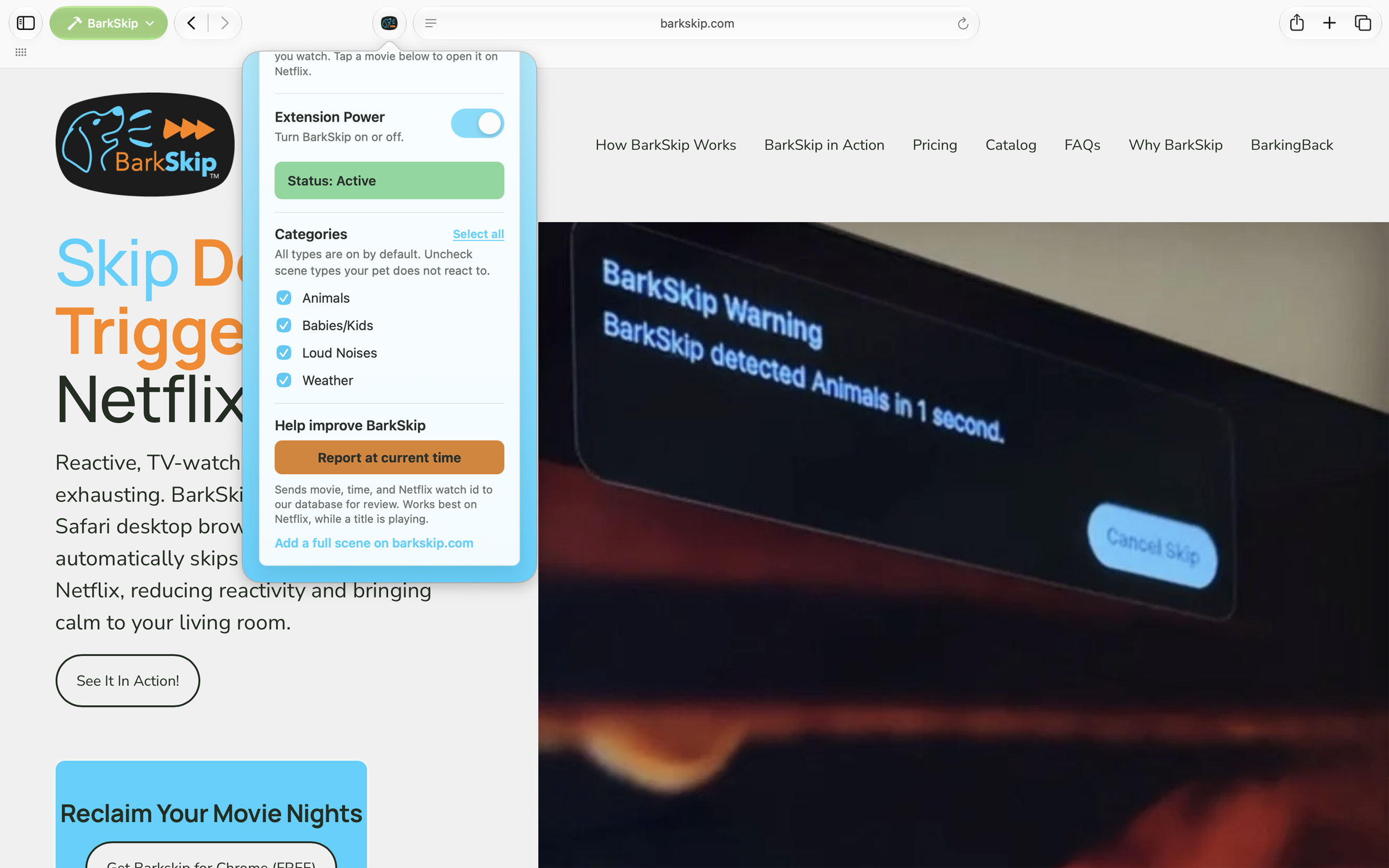 BarkSkip menu Report at current time shown on Safari