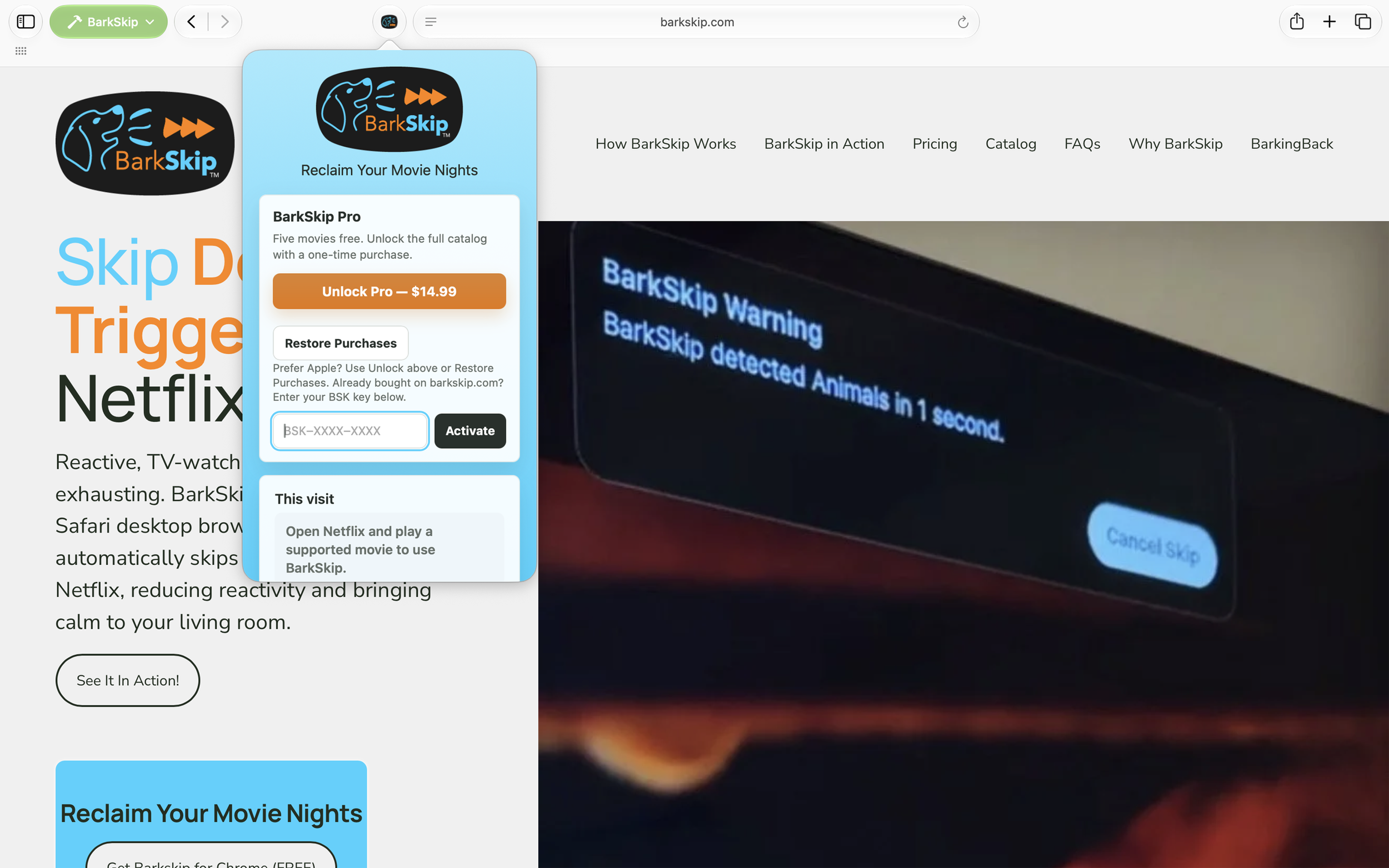 BarkSkip Menu shown on Safari