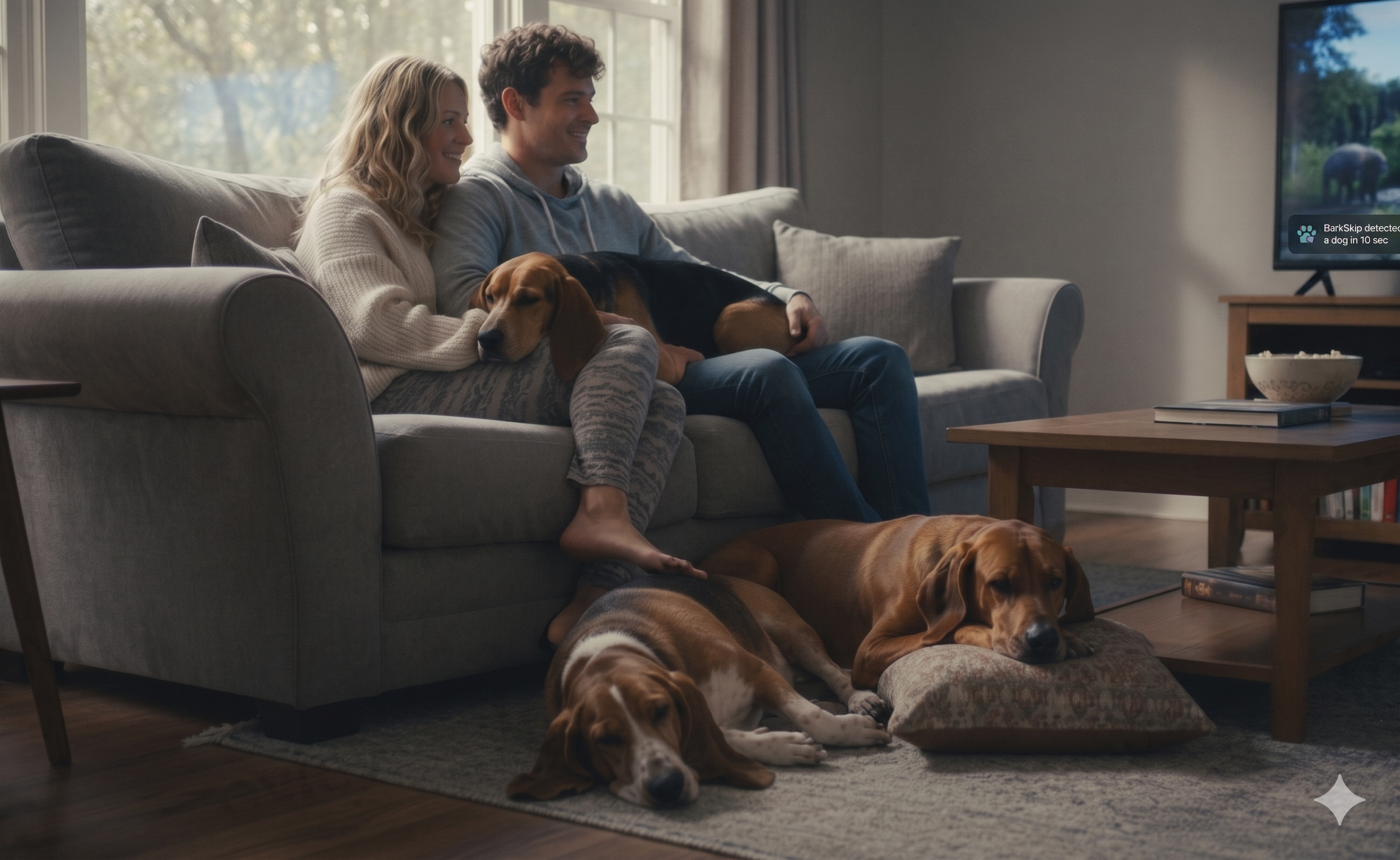 A couple is sitting on a gray sofa in a living room with large windows, watching television. They are smiling and have four dogs lying and resting around them on the floor and sofa. The room is cozy and well-lit, with a wooden coffee table and a TV displaying a nature scene.