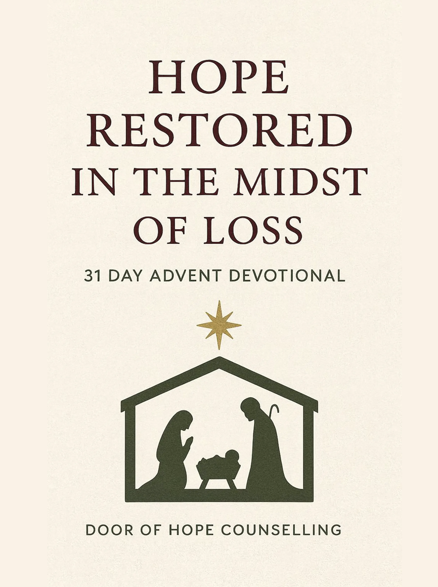 A cover for a 31-day advent devotional titled 'Hope Restored in the Midst of Loss' with a silhouette of a nativity scene featuring Mary, Joseph, and baby Jesus, and a star above.