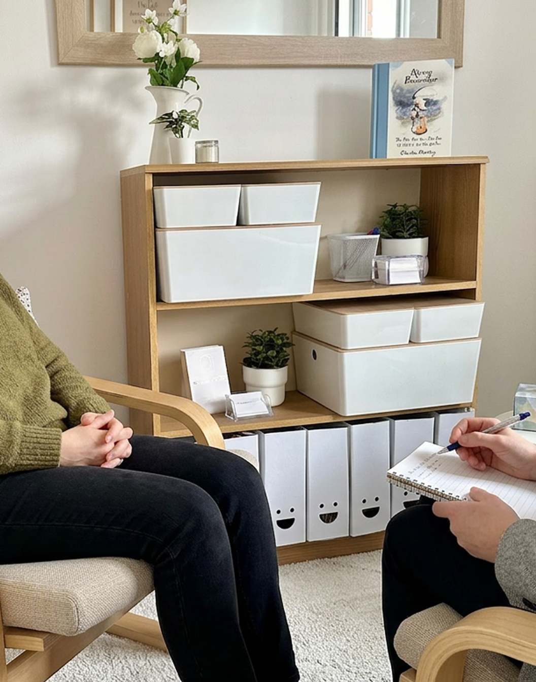 A woman sitting in a chair across from a counselor or therapist, taking notes in a notepad, during a therapy or counseling session in a cozy room with a wooden shelf holding plants, binders, and books in the background.