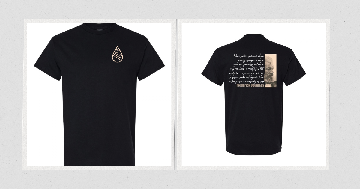 Black T-shirt with a leaf-shaped logo on the front left chest and a quote with an image of Frederick Douglass on the back.