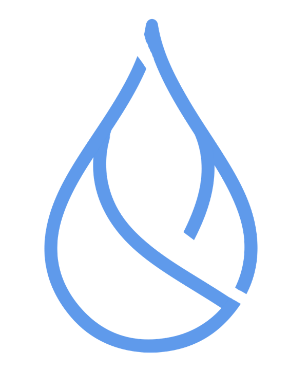 Blue water droplet icon on black background.