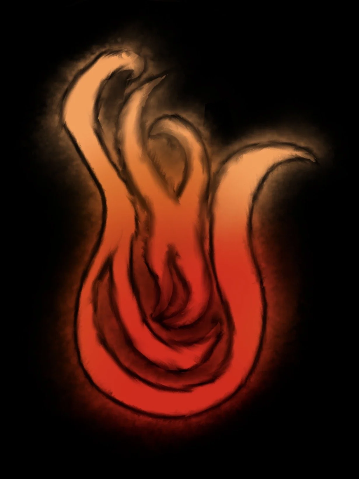 Illustration of a flaming torch with swirling orange and red flames on a dark background. The fire and dark