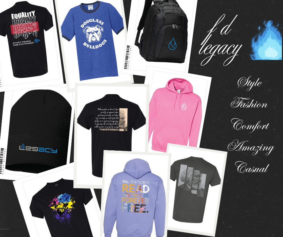 Collection of casual clothing and accessories including T-shirts, hoodies, a beanie, a backpack, and a logo design with words like 'legacy' and 'style'.