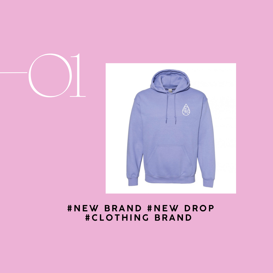 Light purple hoodie with small leaf logo on the chest, displayed on a white background, with pink surrounding graphic, text promoting a new clothing brand.