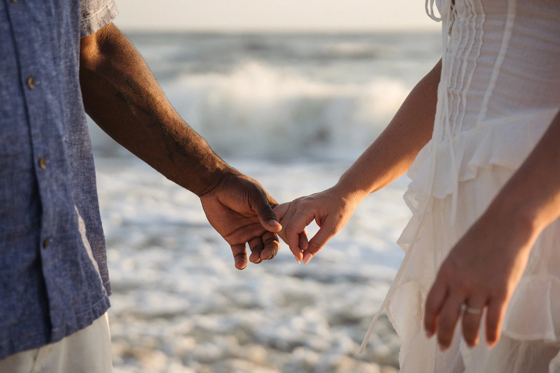 A close-up of a man and woman holding hands on the beach.