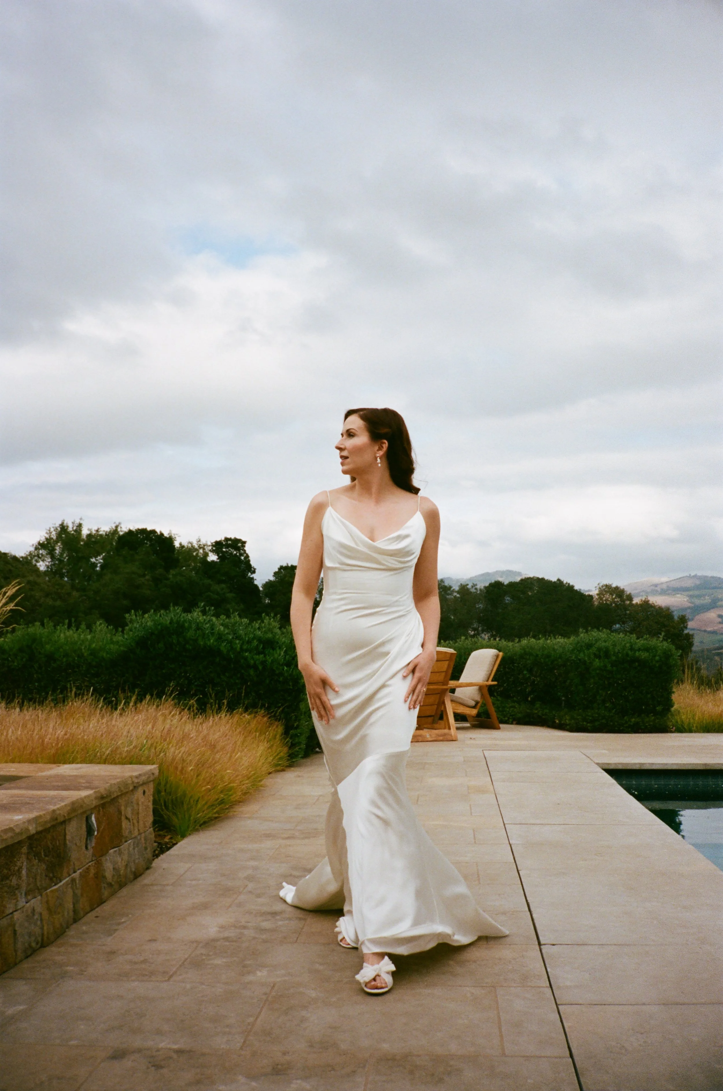 35mm Film Photo of bride wearing a katherine tash silk wedding gown