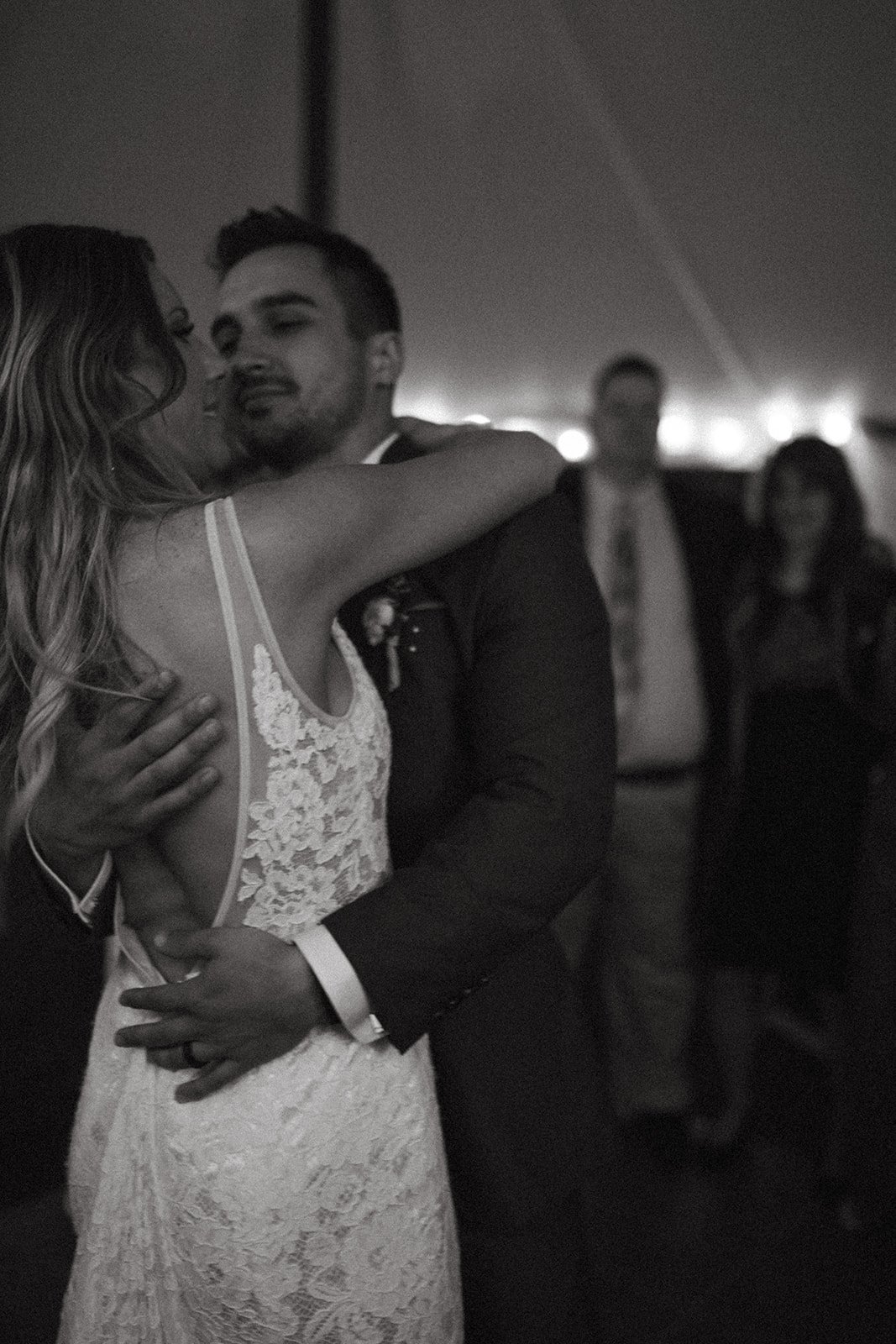 A black and white image of a first dance