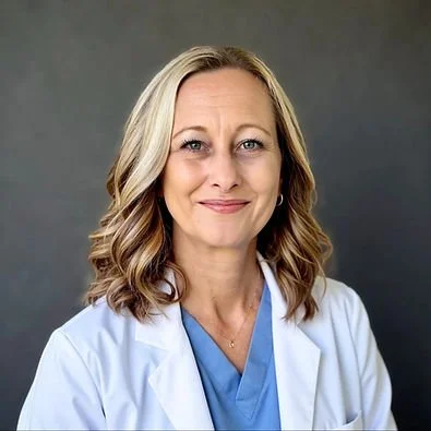 Crystal of Revive Wellness Care wearing a white clinical coat and blue scrubs.