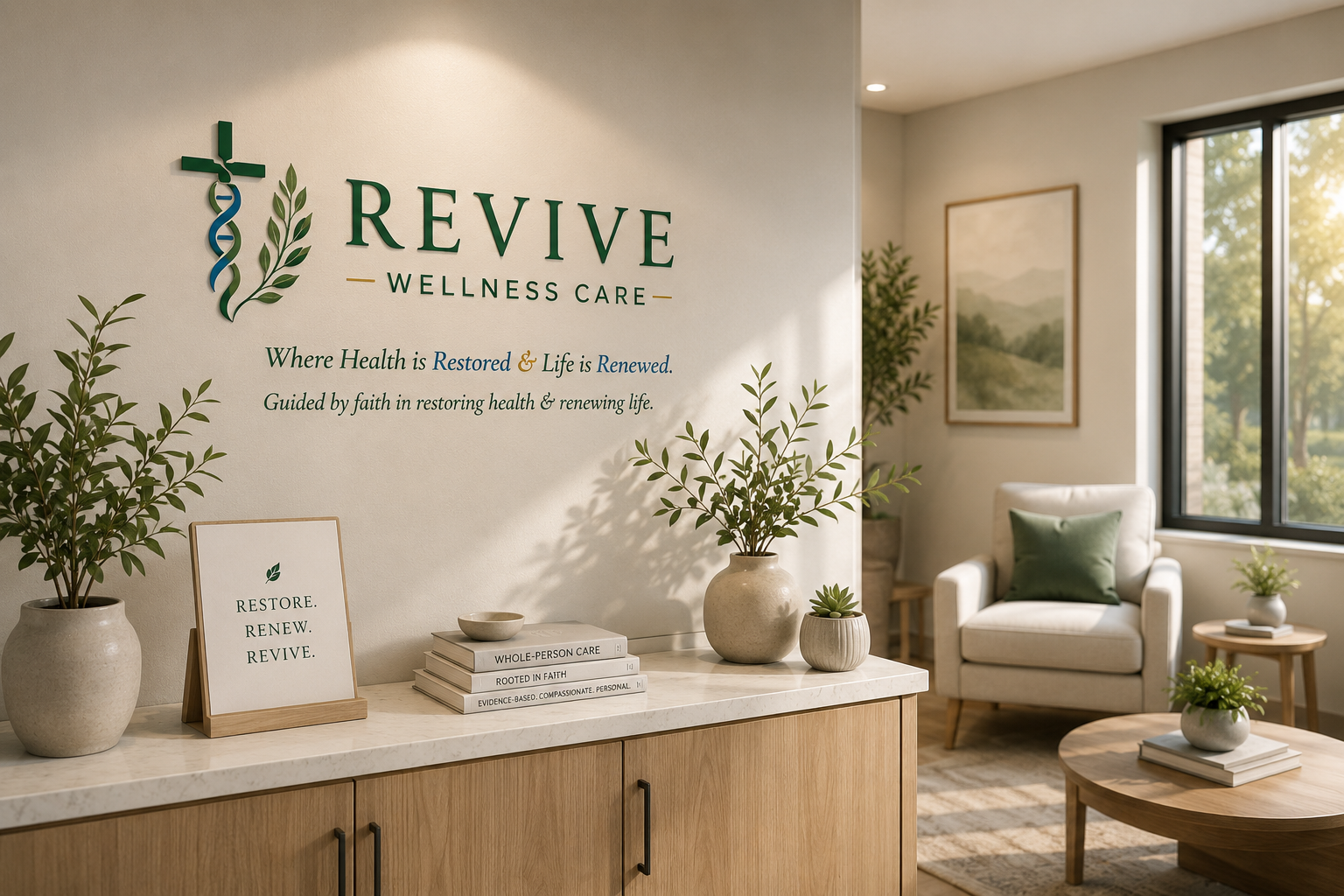 Revive Wellness Care reception area with calming decor, natural light, and wellness-inspired branding.