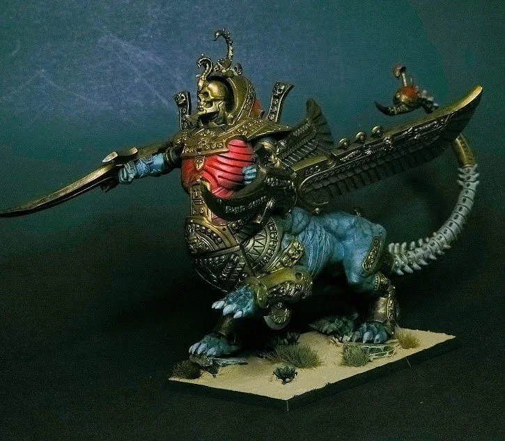 A detailed fantasy model combining a mechanical dragon with a humanoid warrior rider holding a sword.