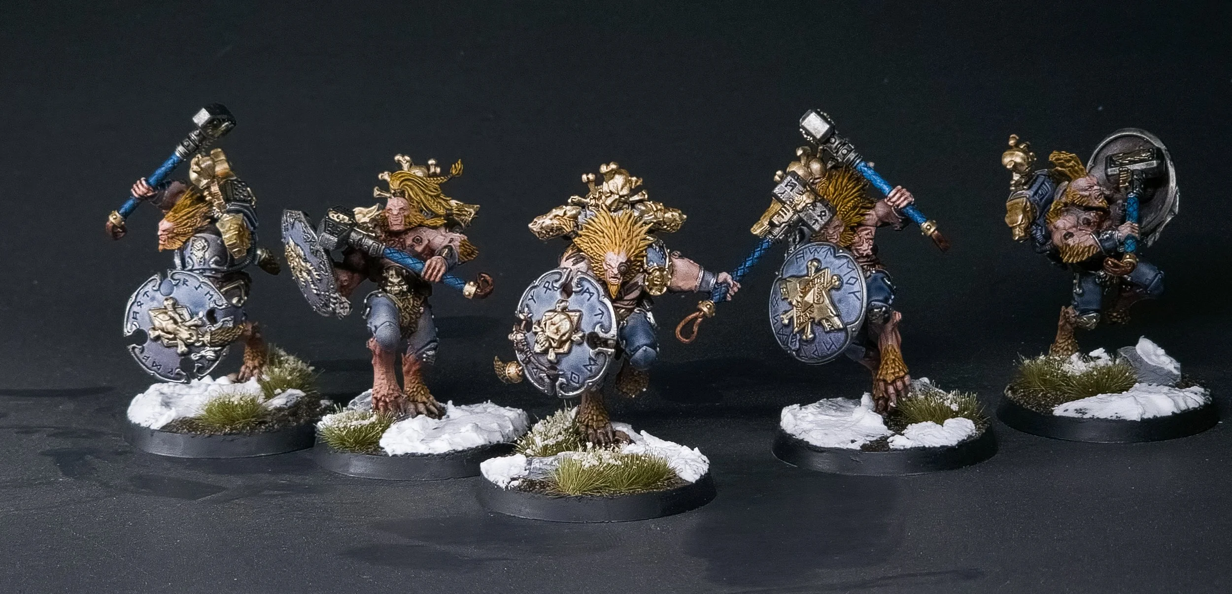 Five miniature fantasy warriors with shields and weapons, standing on round bases with snow and grass, against a black background.