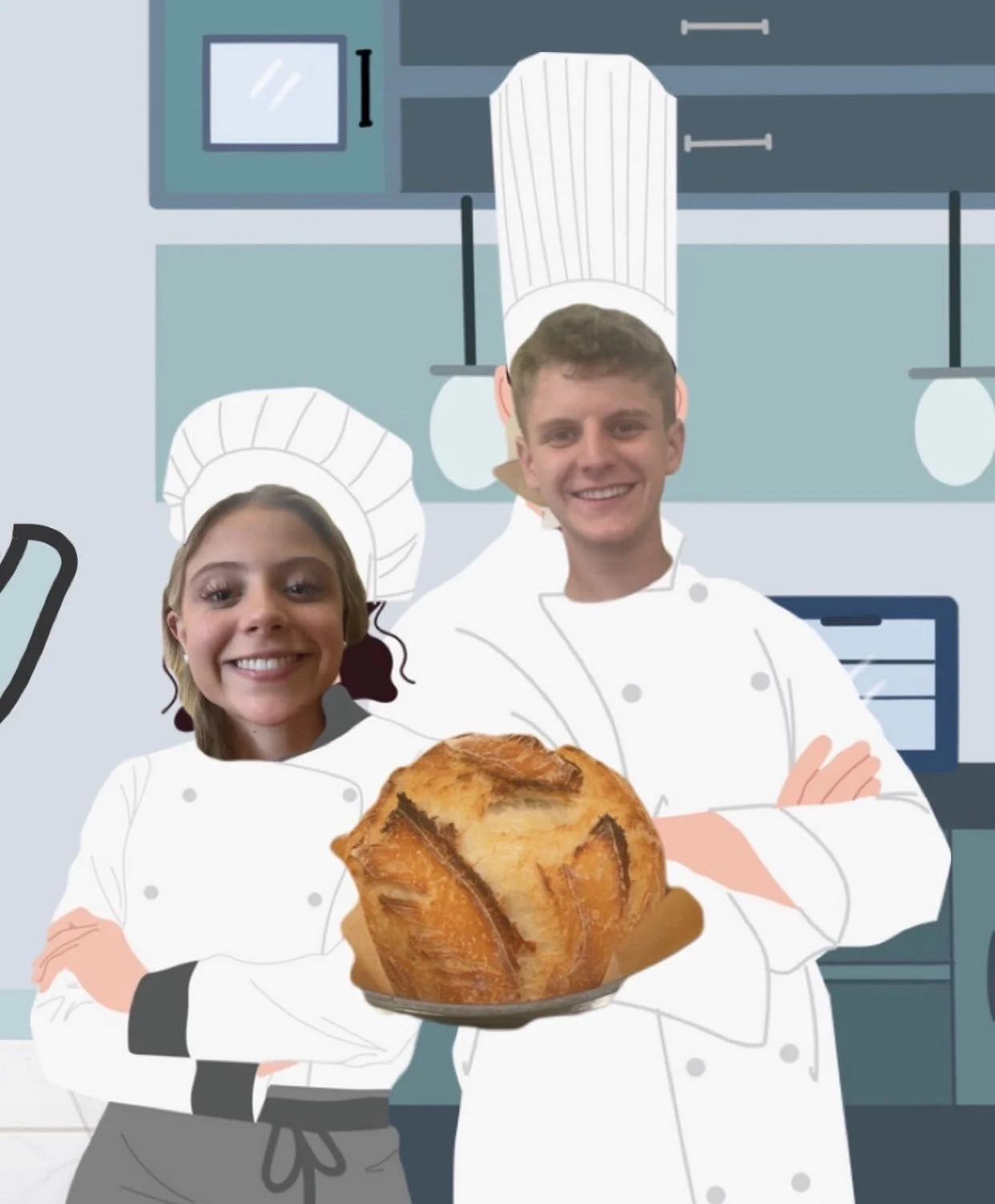 Two chefs, a woman and a man, standing in a kitchen background, both dressed in white chef's jackets and hats, smiling, with the woman holding a bowl of baked bread.