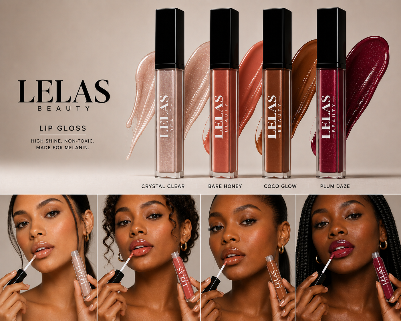 Four lip gloss tubes labeled Crystal Clear, Bare Honey, Coco Glow, and Plum Daze with swatches behind each; four black and brown women applying the lip glosses in different shades clean, pink, peach, nude, plume color