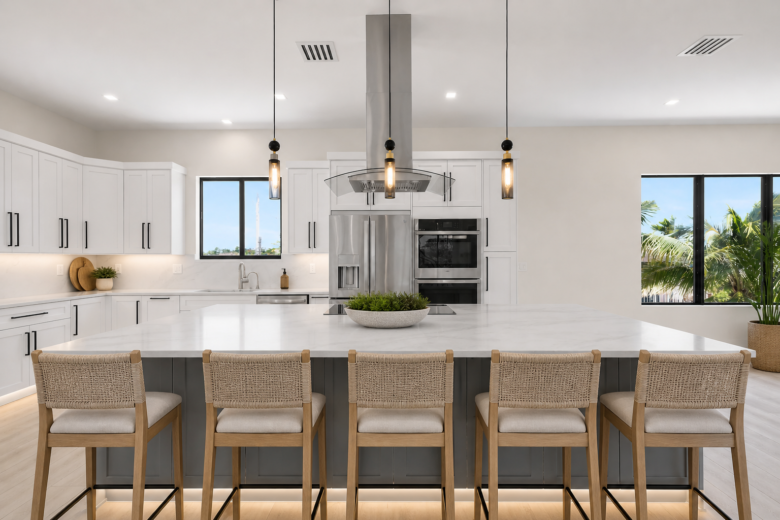 Modern luxury kitchen with quartz counters inside Marathon Florida waterfront home