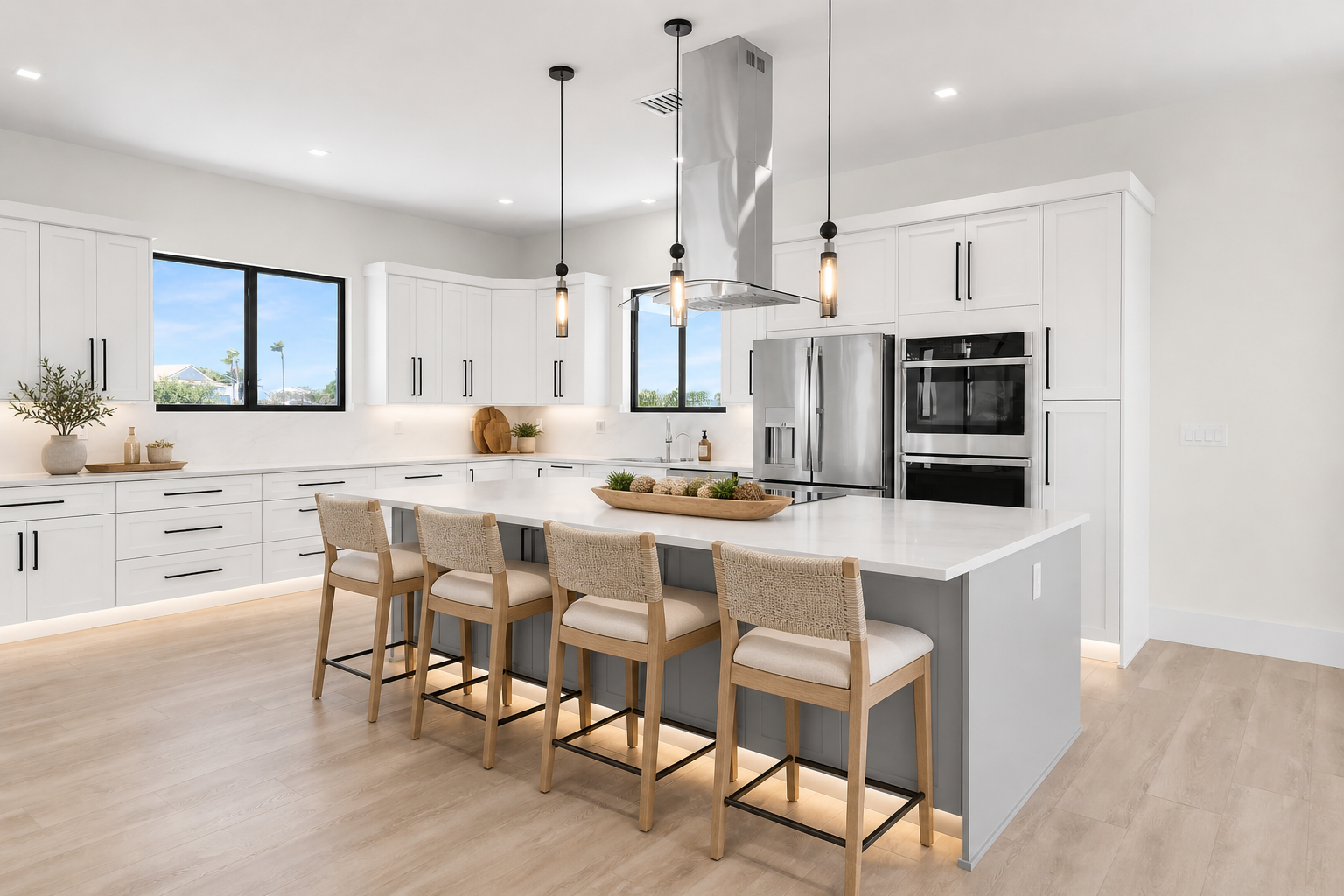 Modern luxury kitchen with quartz counters inside Marathon Florida waterfront home
