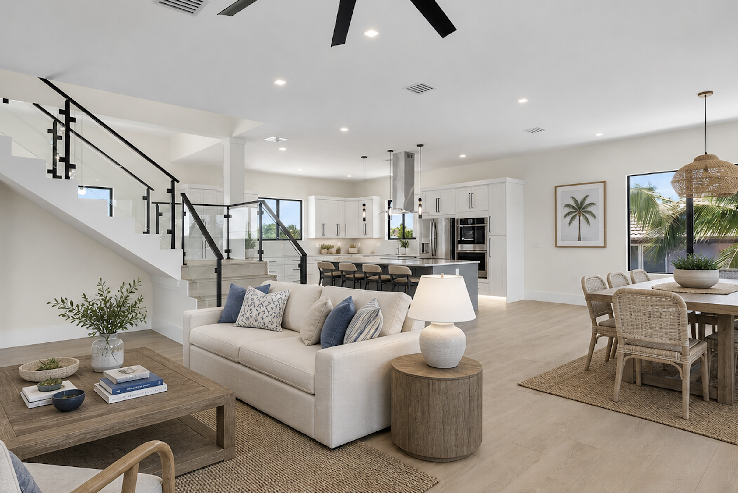 Modern luxury living and dining inside Marathon Florida waterfront home