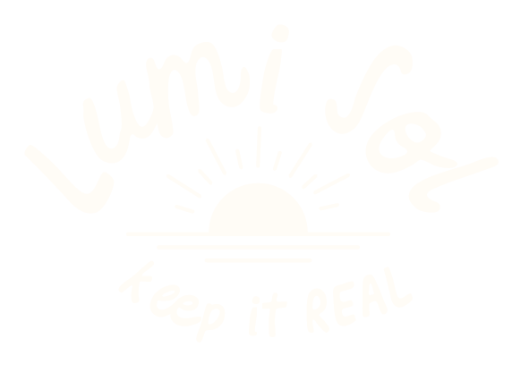 Design with the words 'Lumi Sol' in a handwritten style, a rising sun illustration, and 'keep it REAL' text at the bottom.