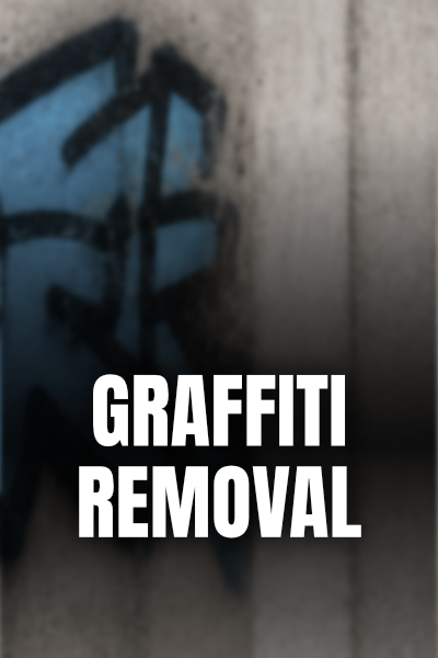 A wall with blue graffiti partially removed, with the text 'GRAFFITI REMOVAL' overlayed.