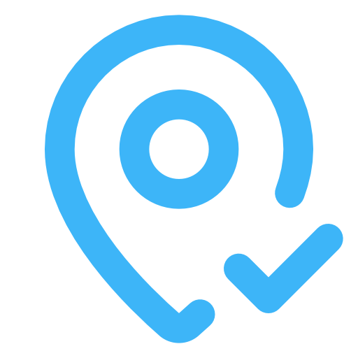 Blue location pin with a checkmark inside it on a black background.