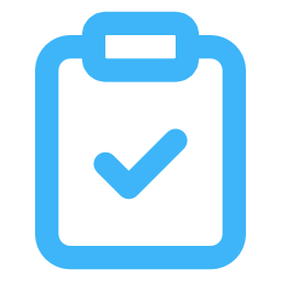 Blue icon of a clipboard with a check mark.