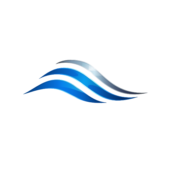 Stylized abstract graphic with blue and gray wave-like shapes.