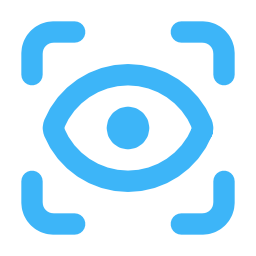 Blue icon of a QR code scanner or target symbol with four corner brackets.