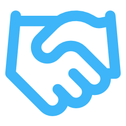 Stylized line drawing of a handshake in blue.