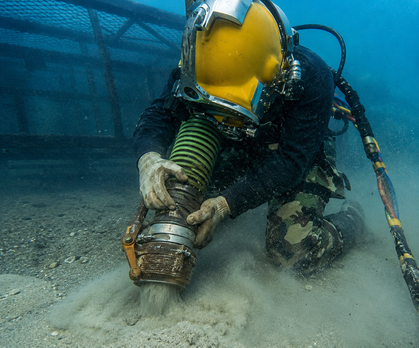 A diver in a black wetsuit and camouflage pants kneels underwater, using a hose connected to a metal pipe on the seabed.