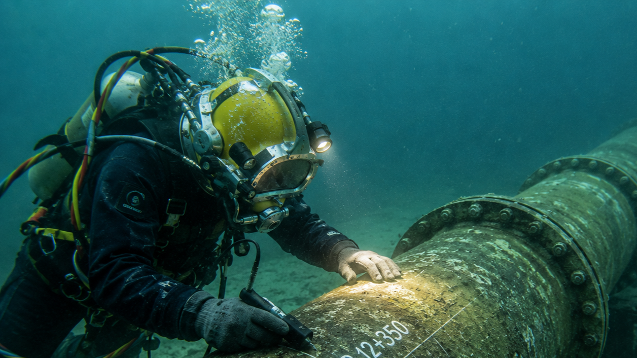 A scuba diver inspects a large underwater pipe with a tool, wearing a yellow helmet, wetsuit, and diving gear.