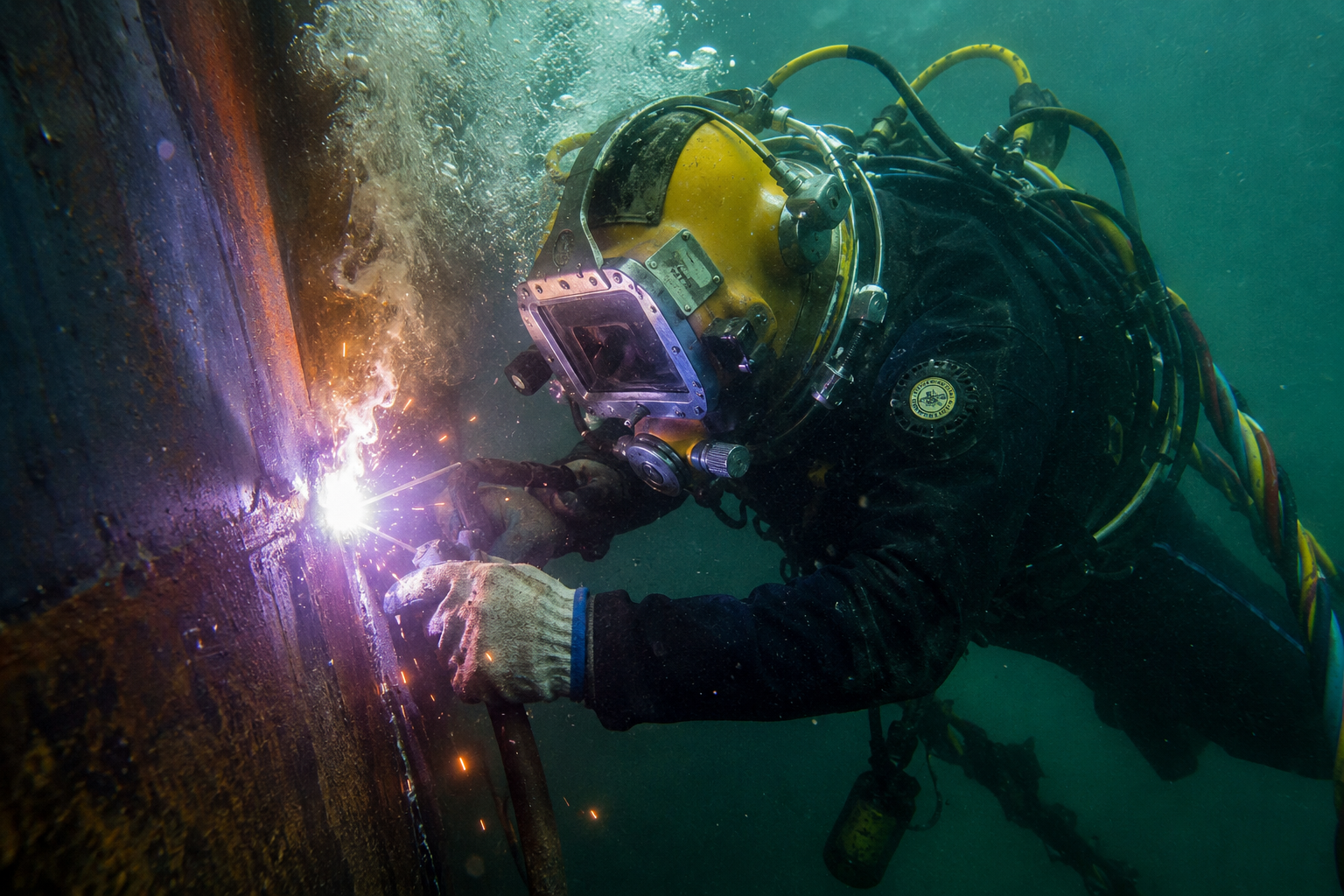 A diver underwater wearing a protective helmet and gear, welding a metal surface with sparks flying.