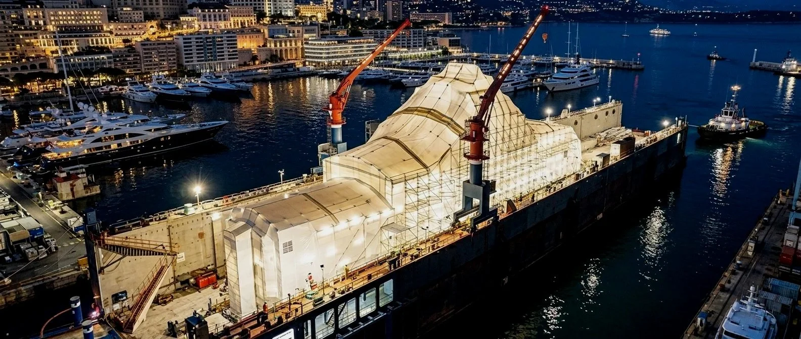 Immagine di un cantiere navale con una grande nave in costruzione o ristrutturazione, coperta da un rivestimento temporaneo, con gru di supporto, di sera con luci sulla città e il mare.