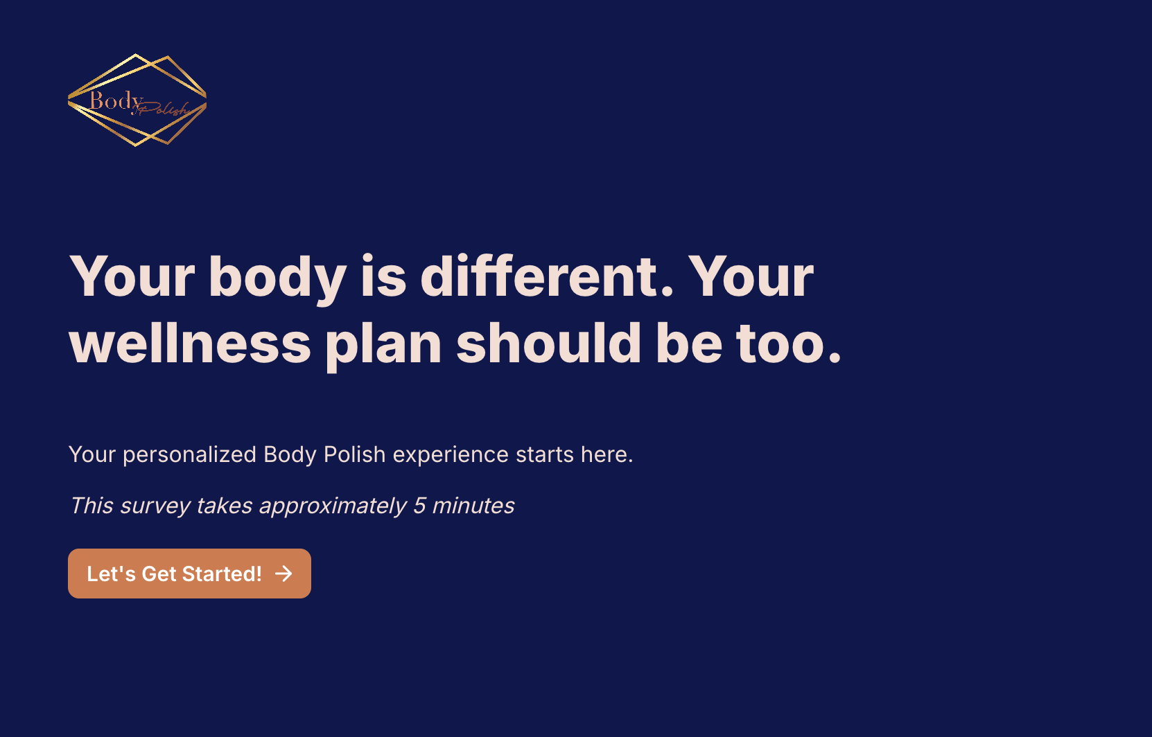A digital advertisement for Body Polish services with a navy blue background. It features the text: "Your body is different. Your wellness plan should be too." and a smaller message about a personalized experience. There's a button that says "Let's Get Started!" with an arrow icon.