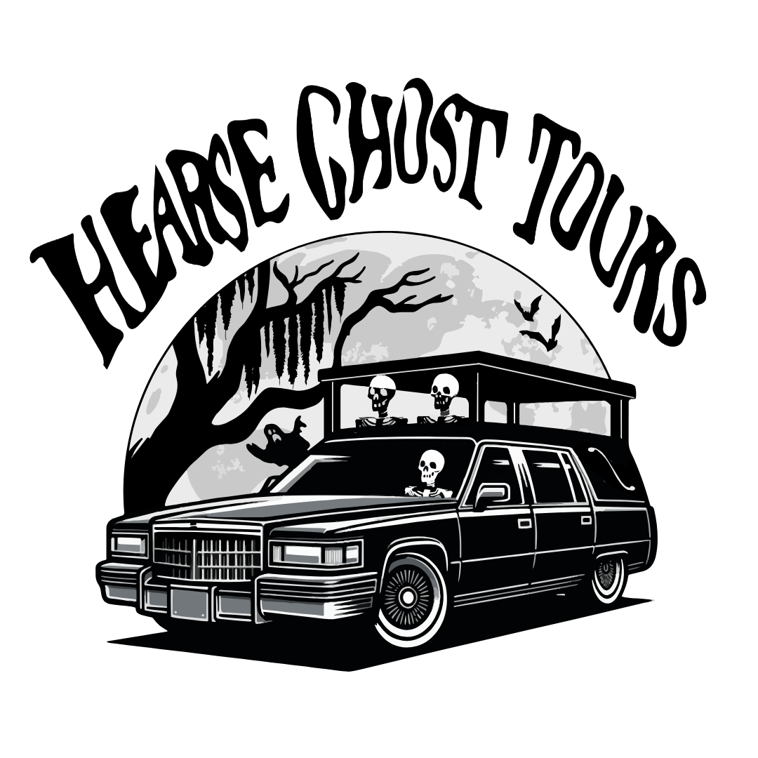 A black and white illustration of a limousine with skulls inside and on top, under a large full moon, with a gnarled tree, hanging moss, and flying bats in the background.