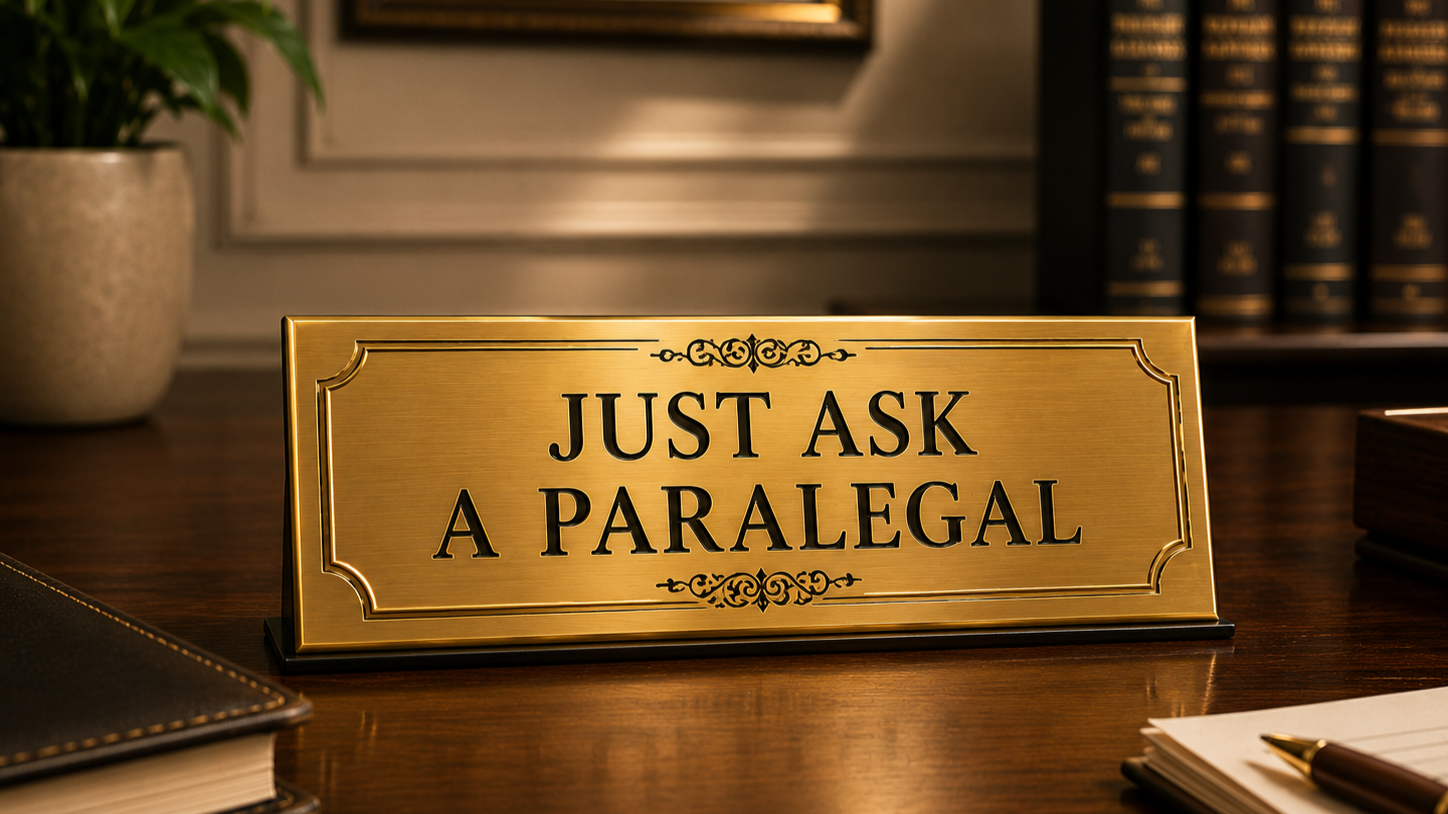 A nameplate on a desk with the text "Just Ask a Paralegal" in black letters on a gold background, surrounded by a decorative border.