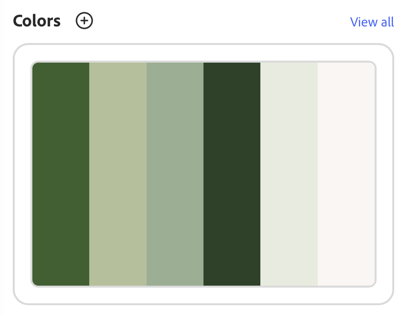 Color palette with various shades of green, beige, and white.