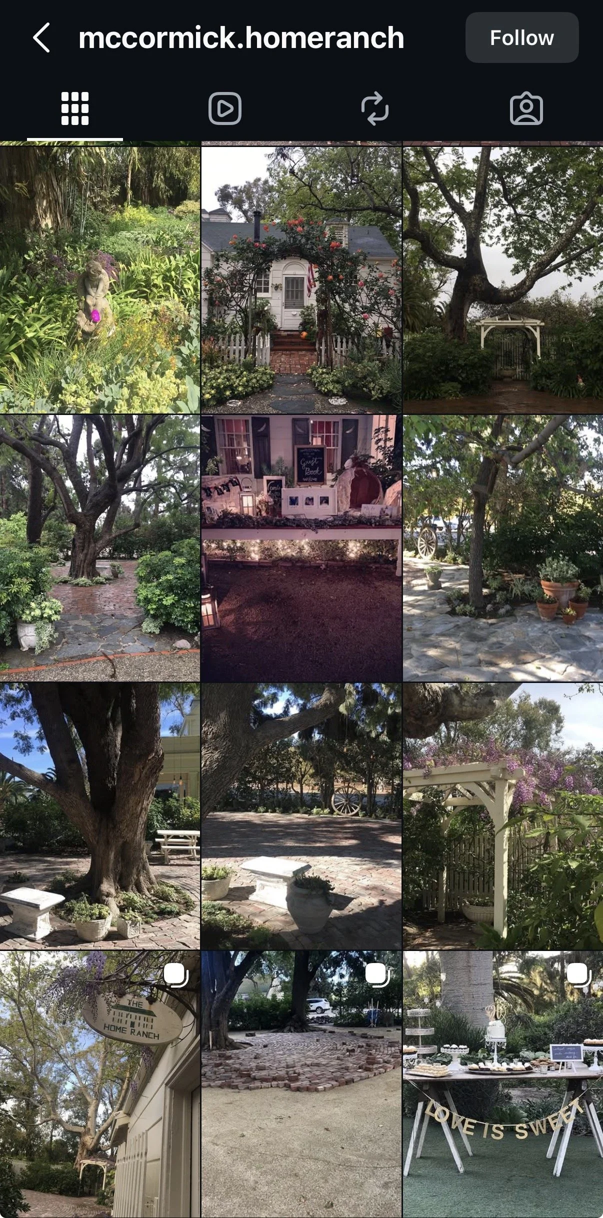 Collage of outdoor garden and yard scenes including trees, plants, a house with a garden arch, a decorated outdoor space, and a table with desserts and a "Love Is Sweet" banner.
